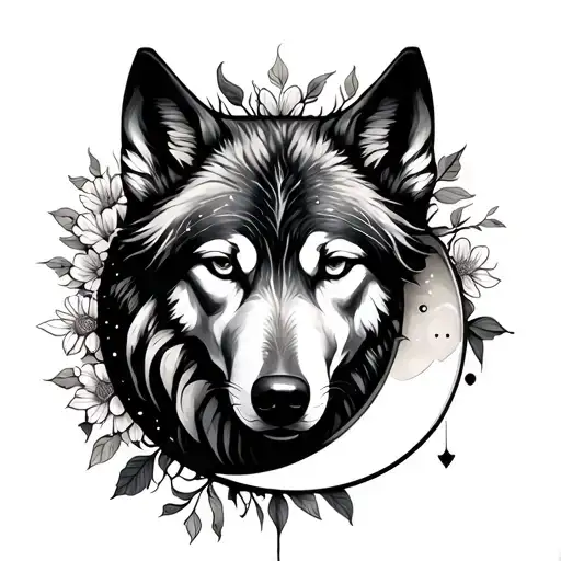 sun, moon, Virgo, half wolf, light, flowers  tattoo design idea