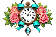 "Alice in Wonderland" style clock; Crystal Pendant under the clock; surrounded by roses, cyan ribbon. tattoo design idea