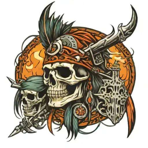 full arm sleeve skull native american motorcycle guns fire tattoo design idea