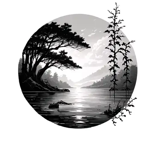 woods on the left, sea at right, vines in the middle tattoo design idea