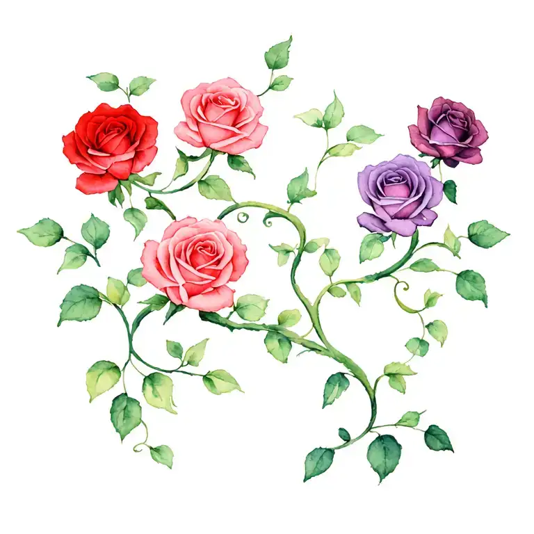 5 roses two inches in diameter linked on a vine, two roses red, two roses pink and one purple, it wraps around.  tattoo design idea