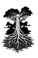 yggdrasil tree, long roots and branches tattoo design idea