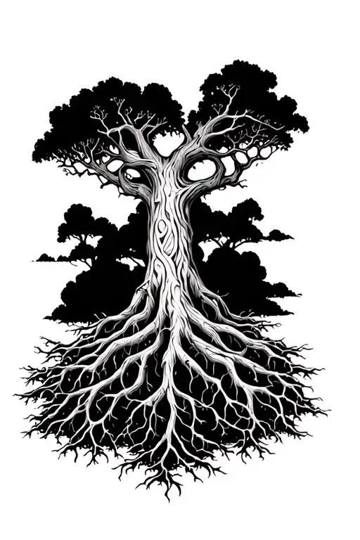 yggdrasil tree, long roots and branches tattoo design idea