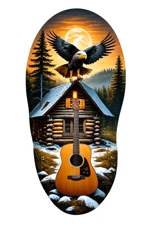 log cabin with an acoustic guitar in front and an eagle perched above. nature scene  tattoo design idea