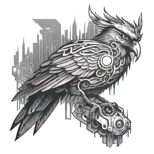 The mythical Homa bird as cyberpunk with cyber and mechanical elements tattoo design idea