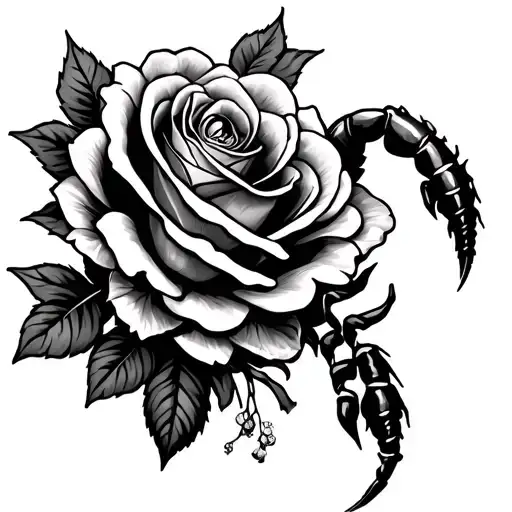 roses and cherry blossom with a small scorpion wrapped around. Scorpions stinger is a rose thorn tattoo design idea
