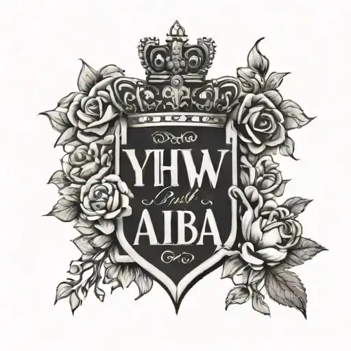 Minimal tattoo of YHWH and Abba in Hebrew and a Cross with a throne crown and flowers in the middle of both the words tattoo design idea