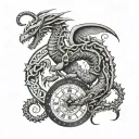 A scorpion and dragon intertwined in a tribal design with clock elements tattoo design idea