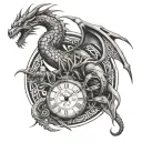 A scorpion and dragon intertwined in a tribal design with clock elements tattoo design idea