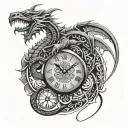 A scorpion and dragon intertwined in a tribal design with clock elements tattoo design idea