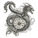 A scorpion and dragon intertwined in a tribal design with clock elements tattoo design idea