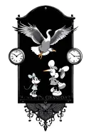 2 clocks side by side one with minnie in the middle and one with ronnie in the middle a heron with grandad on its wing  tattoo design idea