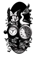 2 clocks side by side one with minnie in the middle and one with ronnie in the middle a heron with grandad on its wing  tattoo design idea