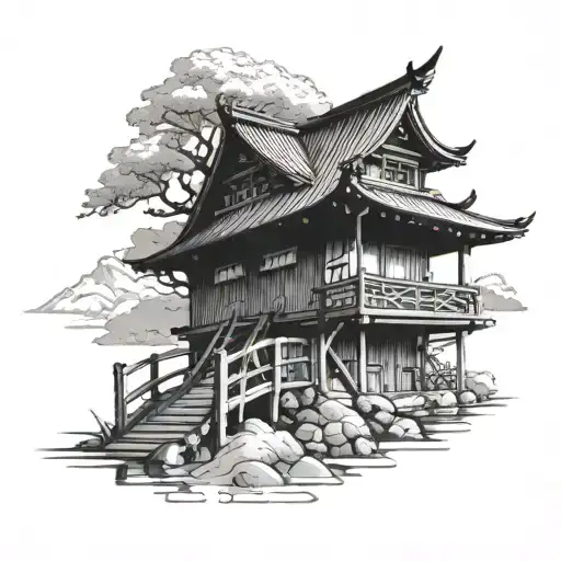 japanese samuri looking sideways with a traditoinal japanese house behind. i also want a small bridge over water.  tattoo design idea