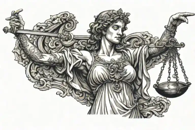 Characters: Themis (Lady Justice): Depicted in full growth with a blindfold over her eyes. In one hand she holds a scale, and tattoo design idea
