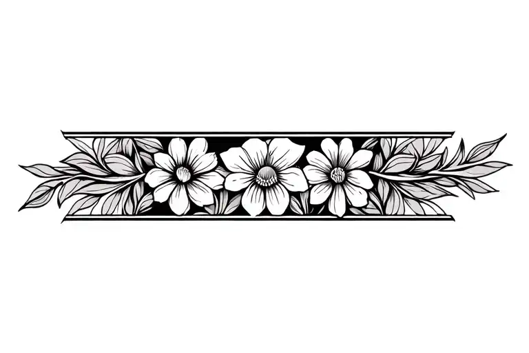 Floral Vertical Armband Tattoo With snowdrop flowers. polynesian linework outline rectangle. color only the petals tattoo design idea