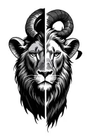 left half lion face with right half ram face tattoo design idea