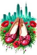 two sparkly flat red ruby  shoes with bows on toes with emerald city in background surrounded by poppies tattoo design idea