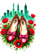 two sparkly flat red ruby  shoes with bows on toes with emerald city in background surrounded by poppies tattoo design idea