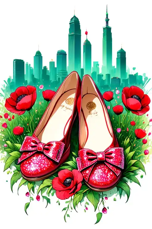 two sparkly flat red ruby  shoes with bows on toes with emerald city in background surrounded by poppies tattoo design idea