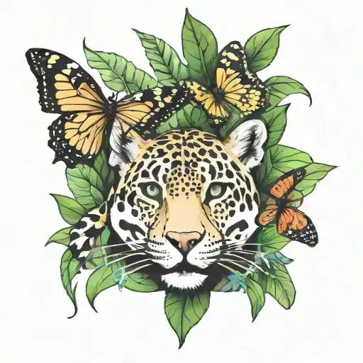 Metamorphosis from Jaguar to Butterfly in the jungle tattoo design idea