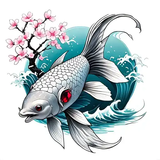 koi fish with garnet eyes and cherry blossom tree with waves tattoo design idea