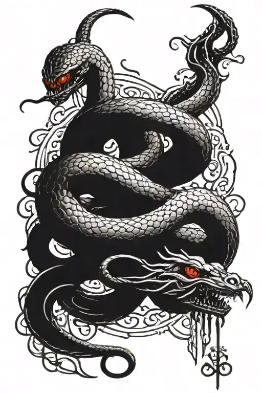 a lie in the form of a creature with red eyes, similar to a snake, having tentacles with the addition of various inscriptions and runes tattoo design idea