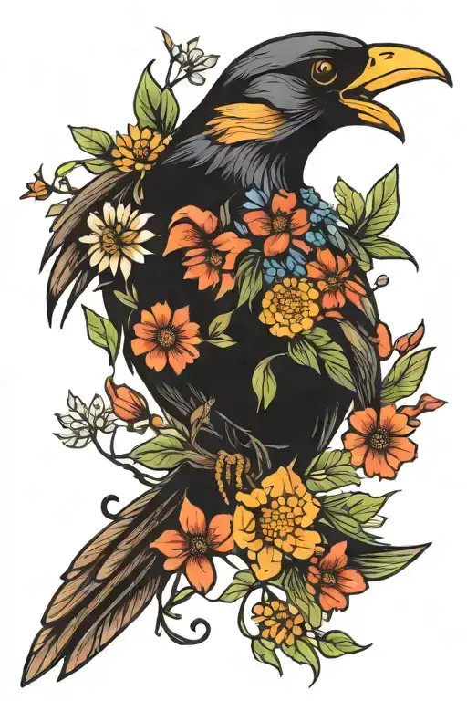 Neo trad bird with wildflower bouquet tattoo design idea