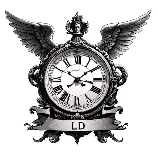 A clock with Roman numbers with an angel in the middle of the clock and at the bottom my initial LD tattoo design idea