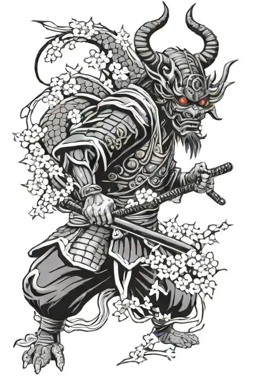 samurai with demon mask, dragon and cherry tree tattoo design idea