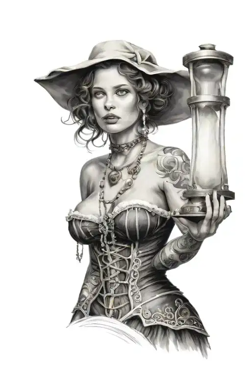 beautiful woman only bust, roman style clothes holding an hourglass containing a wooo doll tattoo design idea