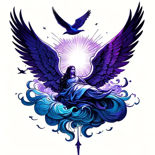 long swirly purple and blue forearm sleeve tattoo of angels flying up to clouds with sun rays and birds tattoo design idea
