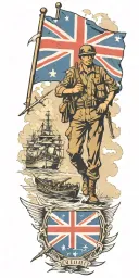 war soldier with Australian flag anzac and boats and planes tattoo design idea