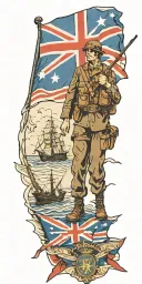 war soldier with Australian flag anzac and boats and planes tattoo design idea