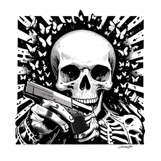 a full Skeleton holding a glock (gun) in his hand pointed towards his skull. butterflies exploding from other side of sk tattoo design idea