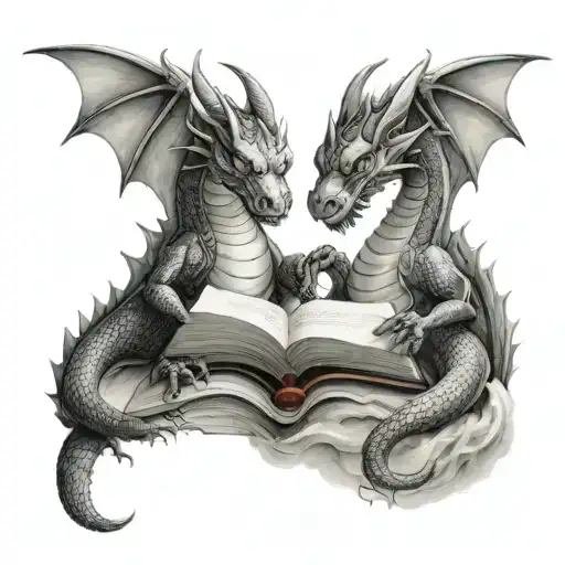 two dragons reading a book open tattoo design idea