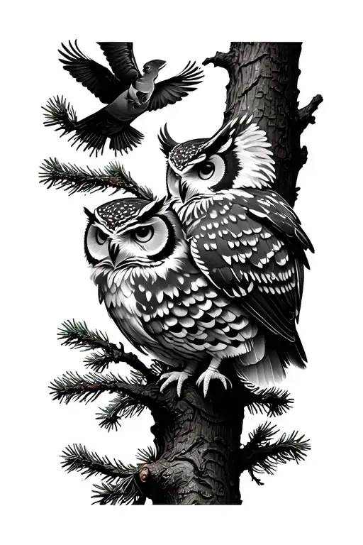 owl on a pine tree and owl flying away tattoo design idea