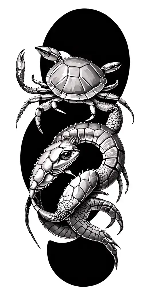 tortoise, crab, and serpent tattoo design idea