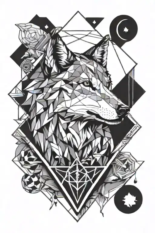 black and white geometric wolf inside a diamond shape with a crescent moon minimal lines tattoo design idea