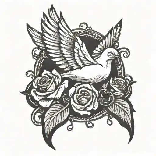 dove with a rose in its mouth in a downward dive with chains on its wings  tattoo design idea