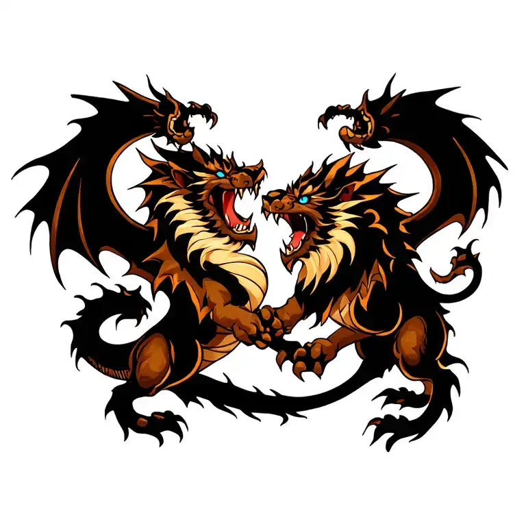 dragon with blue eyes fighting a lion roaring tattoo design idea