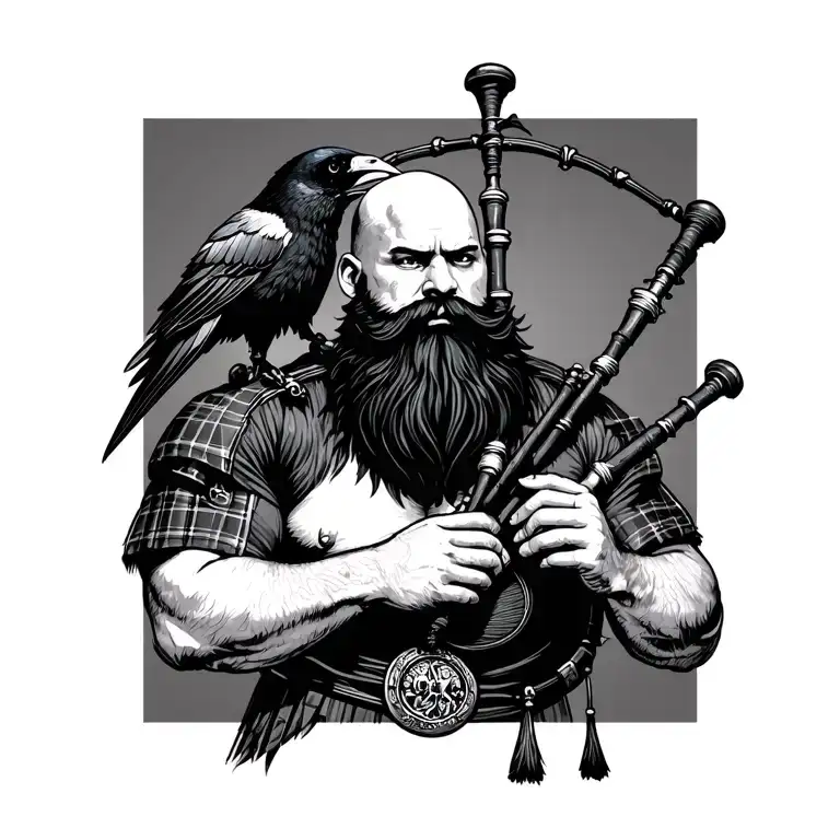 bald bagpiper with black beard with crow featherd muscular body with a mans head and hands playing blackbagpipes tattoo design idea