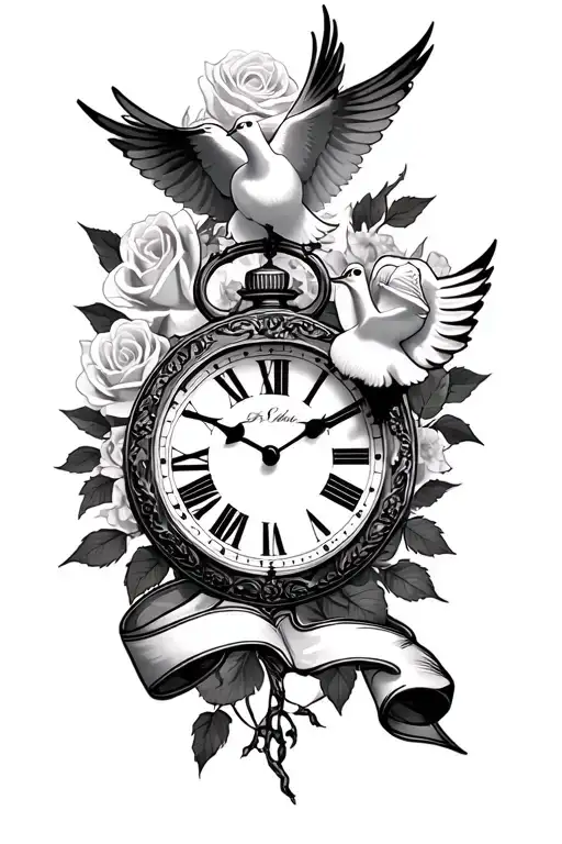clock, rose, doves, ribbon tattoo design idea