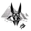 Anubis with pyramids and the eye of Horus in the background tattoo design idea