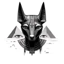Anubis with pyramids and the eye of Horus in the background tattoo design idea