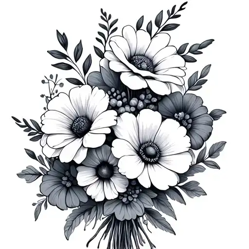 family flowers intertwined, March, June, July and October flower bouquet tattoo design idea