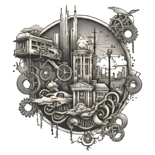 Incorporate iconic hiphop symbols like gold chains and urban landscapes in a black-grey tattoo design tattoo design idea