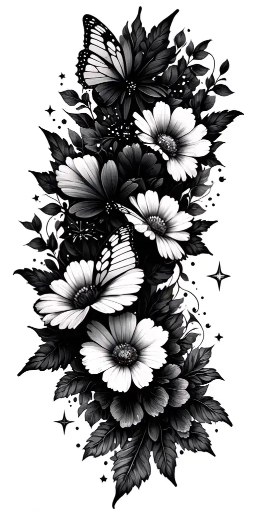 flowers, butterflies, and twinkle stars spread out through out the design tattoo design idea