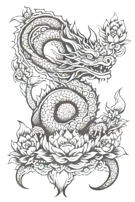 fu dog, dragon,  mandala, lotus flower, forearm wrapped tattoo design idea