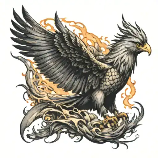 A meek beaten exhausted bird fading to its death, behind a powerful flame illuminates as you see rising out of the ashes of the beaten bird a powerful muscle-ridden Phoenix bursting to life tattoo design idea